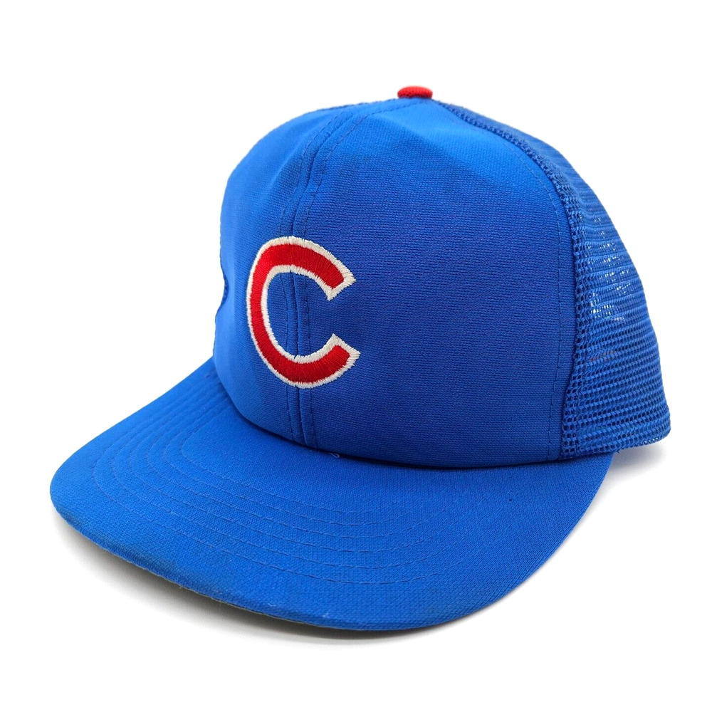 Vintage Chicago Cubs Hat Cap Blue Snapback Trucker Mesh Baseball MLB 80's‎